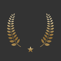 Realistic gold laurel wreath with golden star. Premium insignia, traditional victory symbol on black backdrop. Triumph, win poster, banner layout , shiny frame, border