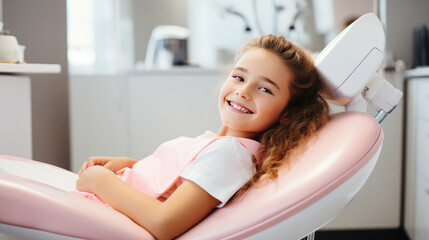 Сute smiling child girl sits in a modern dentist chair of kids dentistry clinic. Dentist for children, modern dental clinic. - obrazy, fototapety, plakaty