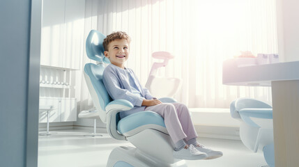 Сute healthy smiling child sits in a modern dentist chair of kids dentistry clinic. Dentist for children, modern dental clinic. - obrazy, fototapety, plakaty