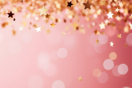 Gold star confetti on pink glittery festive background with space 