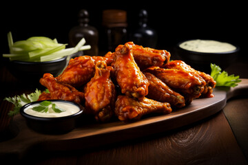 Fototapeta premium Hot buffalo wings melted sauce wooden table blurred backdrop 