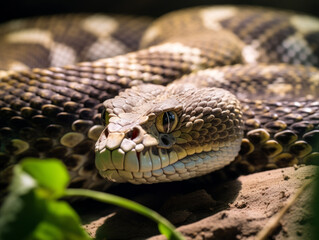 Fototapeta premium Camouflaged diamondback rattlesnake coiled in a natural dry habitat.