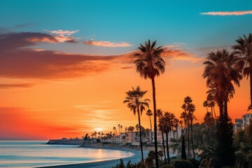 Discover the Stunning Serenity: Sunset, Palm Trees and Sea at Marbella! Generative AI