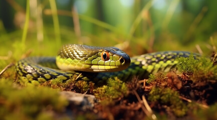 Obraz premium A garter snake with green and yellow stripes, blending into the mossy forest floor.