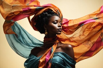 Elegant blacks woman with flowing fabric,silk cloth dances in the wind.