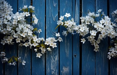 Enchanting Display: White Flowers Blooming on a Vibrant Blue Fence Generative AI