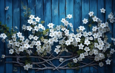 Unveiling Serenity: Captivating Beauty of White Flowers against a Blue Painted Fence Generative AI