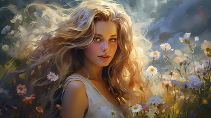 Beautiful art girl in flowers. Girl on a background of flowers.