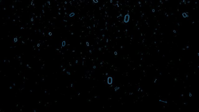 binnary bit 0 1 animation and slow motion endless loop blue glow falling from top with transparent background. Format quick time alpha rgb, video codec animation.