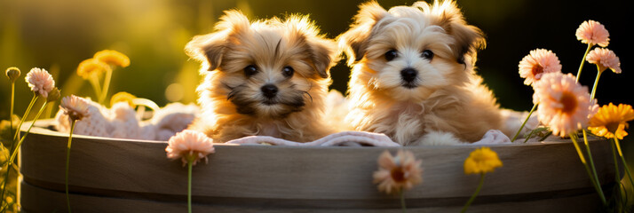 Puppy siblings with soft fur sit in a tight summer basket 