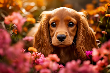 Red American Cocker Spaniel puppy with adorable eyes amidst flowers 