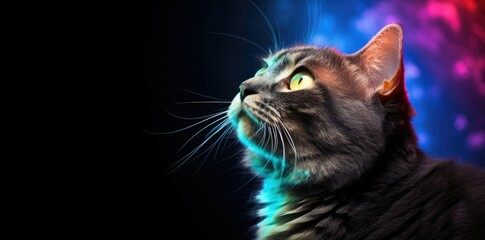 Cute hyper-realistic kitty cat with expressive eyes, whiskers, and adorable paws. Sharp-focus, even lighting, and vibrant color stripes on a minimalistic color background