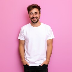Cheerful young man laughing with a vibrant and energetic expression. Isolated on a sharp-focus pink background, radiating happiness and joy.