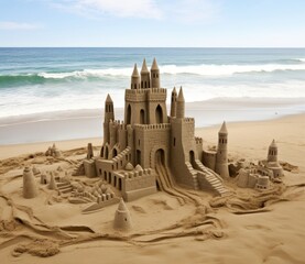 Experience the Tranquility: Stunning Sand Castles Meeting Ocean Waves Generative AI