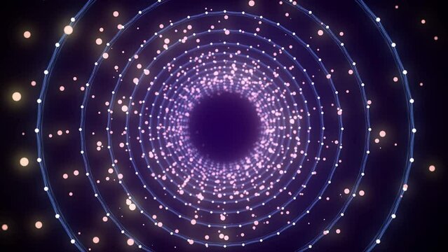 Futuristic sci-fi circle portal in space. 3D colors ai tunnel with dots and lines. Abstract digital wormhole data. Flow particle by funnel. Fantasy circle vortex on dark background. 3D rendering.