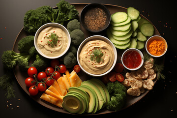 Healthy kitchen: delicious dip creamy hummus table ready with a wide choice of vegetables to dip as...