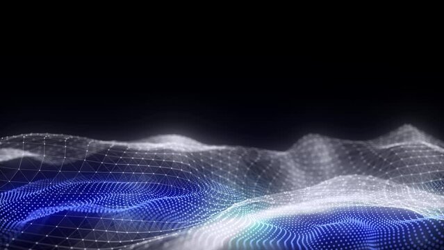 Dark cyberspace in digital background. Abstract technology blue wave with motion glowing dots and lines. Connection big data. Futuristic wireframe texture. Analysis a network connection. 3D rendering.