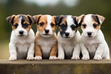 Five Jack Russell-Border Terrier pups sit attentively in a row  - obrazy, fototapety, plakaty
