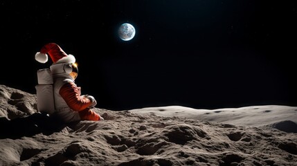 From the side of Santa Claus as an astronaut on the moon. - obrazy, fototapety, plakaty