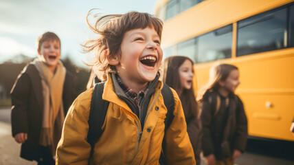 Happy school children laughing in front of the yellow school bus background.. - obrazy, fototapety, plakaty
