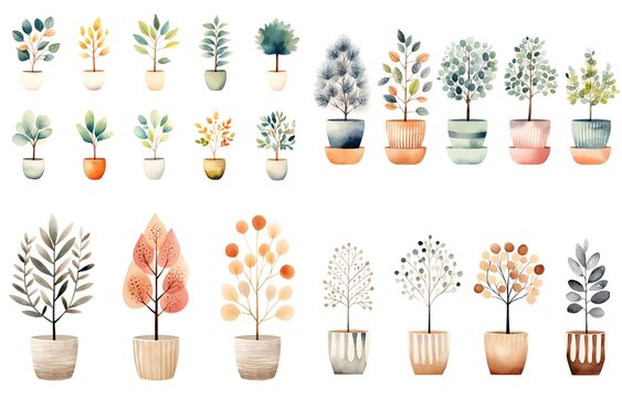 watercolor painting style illustration of foliage pot plants collection set, isolated on white background, Generative Ai	
