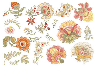 Fantasy flowers in retro, vintage, jacobean embroidery style. Millefleurs trendy floral design. Clip art, set of elements for design Vector illustration.