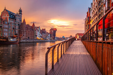 Gdansk beautiful old town over Motlawa river at sunset, Poland - obrazy, fototapety, plakaty
