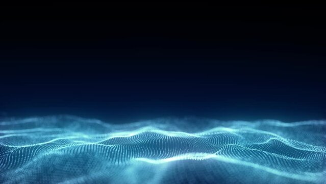 Abstract technology blue wave with motion glowing dots. Dark cyberspace in digital background. Connection big data. Futuristic wireframe texture. Dynamic analysis a network connection. 3D rendering.