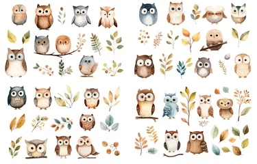 Foto op Aluminium watercolor style illustration of cute owl bird and autumn foliage, winter and fall collection set isolated on white background, Generative Ai © QuietWord