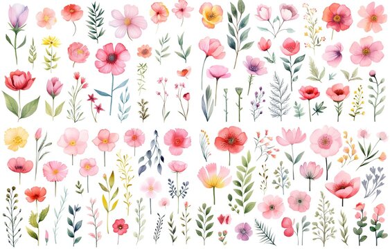 watercolor style illustration of various type of wildflowers , summer and autumn collection set isolated on white background, Generative Ai