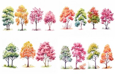 watercolor style illustration of pink flower and cherry blossom tree garden, summer and spring collection set isolated on white background, Generative Ai