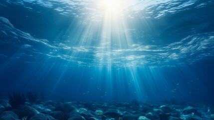 The rays of the sun break through the water in the ocean.