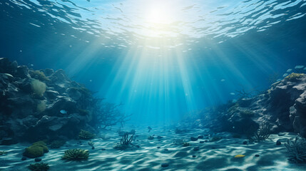 The rays of the sun break through the water in the ocean.