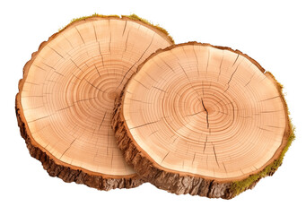 Two round cuts of wood/logs. Cross section of the tree. Side view. Isolated on a transparent background.