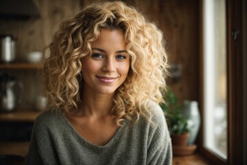 Fototapeta premium Attractive curly blonde young Woman holding a cup of coffee. Drink morning. A girl in a cozy house drinks a warm drink.