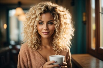 Attractive curly blonde young Woman holding a cup of coffee. Drink morning. A girl in a cozy house drinks a warm drink.