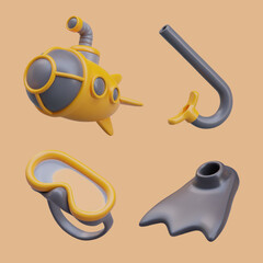 Bathyscaphe, snorkeling, mask, flipper. Different types of diving under water. Concept of depth research. Scuba diving. Set of vector 3D illustrations on color background