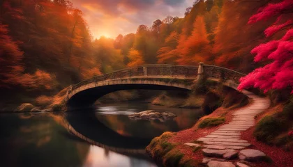 Fototapete Rakotzbrücke Awesome Autumn Landscape. Amazing sunset in Azalea