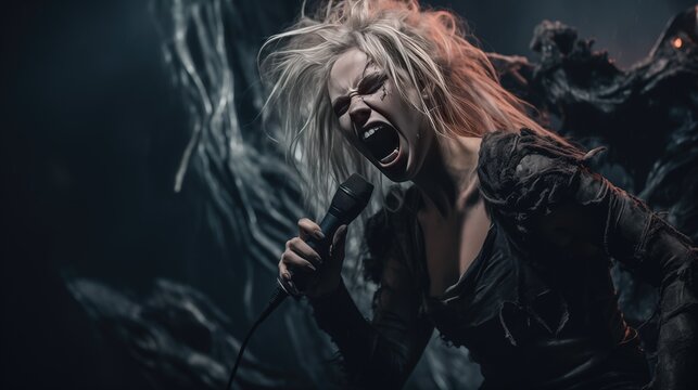 Intense female vocalist on stage, screaming into the microphone amidst vibrant lighting and smoke effects. A powerful and passionate performance capturing the energy of underground music subcultures.