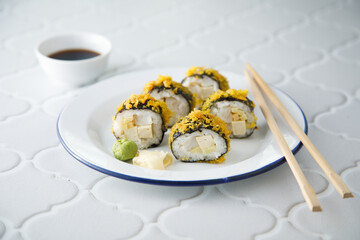 Homemade sushi rolls with tofu