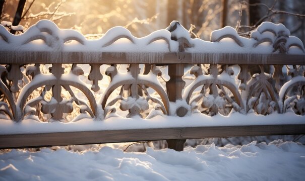 Mesmerizing Winter Wonderland: Snow-Covered Wooden Fence Depicting the Early Winter Charm Generative AI