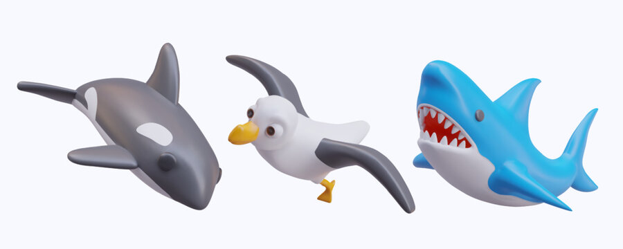 Realistic killer whale, seagull, and blue shark. Collection with sea animals. Models for marine computer game. Vector illustration in 3d style and white background