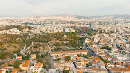 Athens, Greece. Temple of Hephaestus. Athenian Agora in the light of the morning sun. Summer, Aerial View