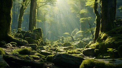A dense forest with towering trees, where Jadeite moss covers the ground, creating a mystical green carpet. 4K, high detailed, full ultra HD, High resolution 8K - obrazy, fototapety, plakaty