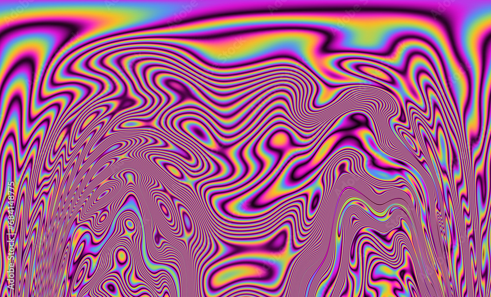 Poster iridescent psychedelic trippy abstract background in neon rainbow colors.