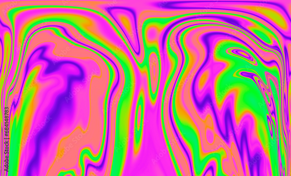 Poster iridescent psychedelic trippy abstract background in neon rainbow colors.