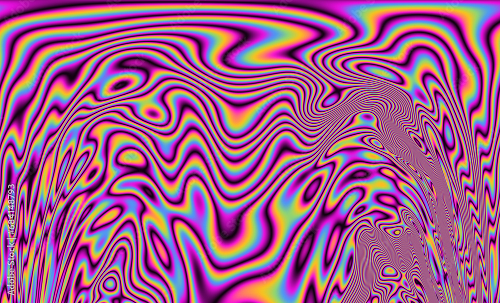Poster iridescent psychedelic trippy abstract background in neon rainbow colors.