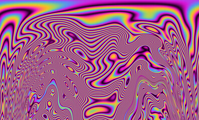 Iridescent psychedelic trippy abstract background in neon rainbow colors.