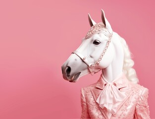 White horse in glam fashion outfits on a pink isolated background with space for text. In animal creative concept