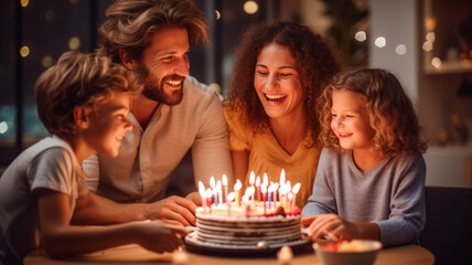 Happy kids birthday party. with child blowing birthday candlelight on cake and opening the presents in the night. Birthday celebration event with family at home background.